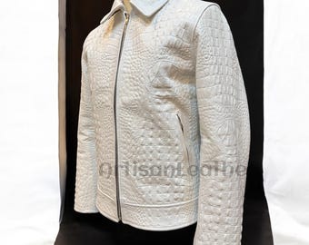 Blouson en cuir embossé crocodile | Veste en cuir blanche de luxe pour homme | Blouson style motard en cuir véritable | Veste à motif exotique fait main