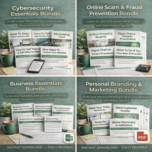 May include: Four bundles of guides on cybersecurity, online scam prevention, business essentials, and personal branding. Each bundle includes several guides, a mug, and a plant. The text on the guides is visible.