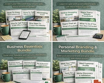 May include: Four bundles of guides on cybersecurity, online scam prevention, business essentials, and personal branding. Each bundle includes several guides, a mug, and a plant. The text on the guides is visible.