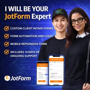 Peut inclure: Publicité pour les services d'experts JotForm. L'image présente deux personnes souriantes, un homme portant une casquette noire et une femme portant des lunettes. L'annonce met en avant les formulaires de saisie de clients personnalisés, l'automatisation des formulaires, les formulaires mobiles et 14 jours de support.