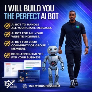 Può includere: Una pubblicità che promuove i servizi di bot AI. L'immagine presenta un uomo con una polo nera e pantaloni neri, che cammina accanto a un robot dall'aspetto amichevole. Il testo evidenzia le capacità del bot AI per Gmail, richieste di siti web, gestione della community e programmazione di appuntamenti.