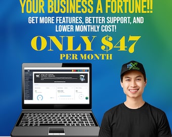 以下が含まれることがあります： CRMインターフェースを表示するラップトップ。テキストは「YOUR CRM SHOULDN'T COST YOUR BUSINESS A FORTUNE!!」と「ONLY $47 PER MONTH」。黒い帽子とシャツを着た人がラップトップの隣で微笑んでいます。画像には「PLUS 3 FREE BONUSES!」というテキストも含まれています。