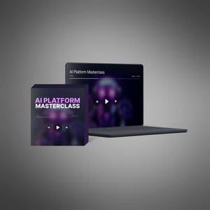 May include: A dark purple box and a tablet with the text "AI Platform Masterclass". The box and tablet display a blurred image with play buttons. The tablet is connected to a black keyboard.