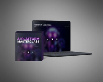 May include: A dark purple box and a tablet with the text "AI Platform Masterclass". The box and tablet display a blurred image with play buttons. The tablet is connected to a black keyboard.