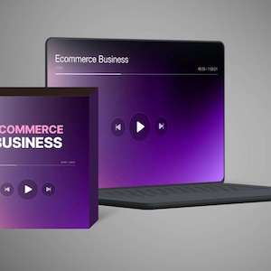 May include: A digital illustration of a laptop and a box, both displaying a gradient of purple and black. The laptop screen and box feature the text "Ecommerce Business" and media control icons. The background is a solid gray.