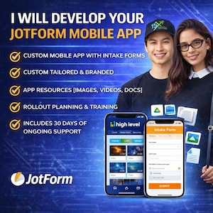 Pode incluir: Imagem promocional para os serviços de desenvolvimento de aplicativos móveis Jotform. A imagem apresenta dois smartphones exibindo interfaces de aplicativos, com texto destacando recursos como aplicativos personalizados, branding e suporte contínuo. Duas pessoas sorriem ao fundo.