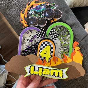 Monster Truck Shaker Cake Topper, Grave Digger Birthday Decoration, Custom Name & Age, Racing Theme Boy Party Cake Topper, Personalized