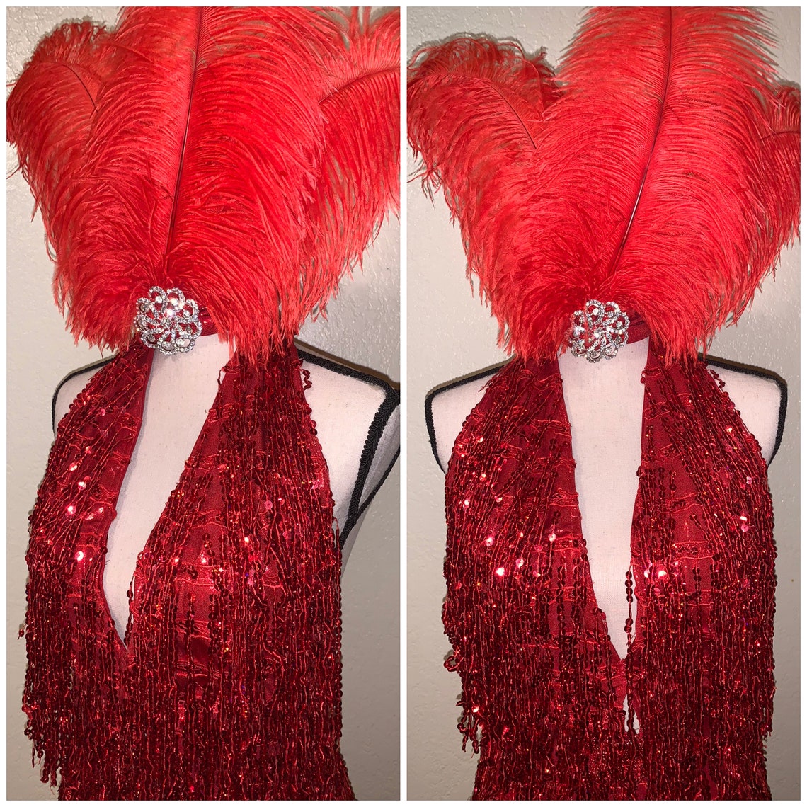 Red Glitter Sequins Fringe Tassel Dress w Ostrich Feather | Etsy
