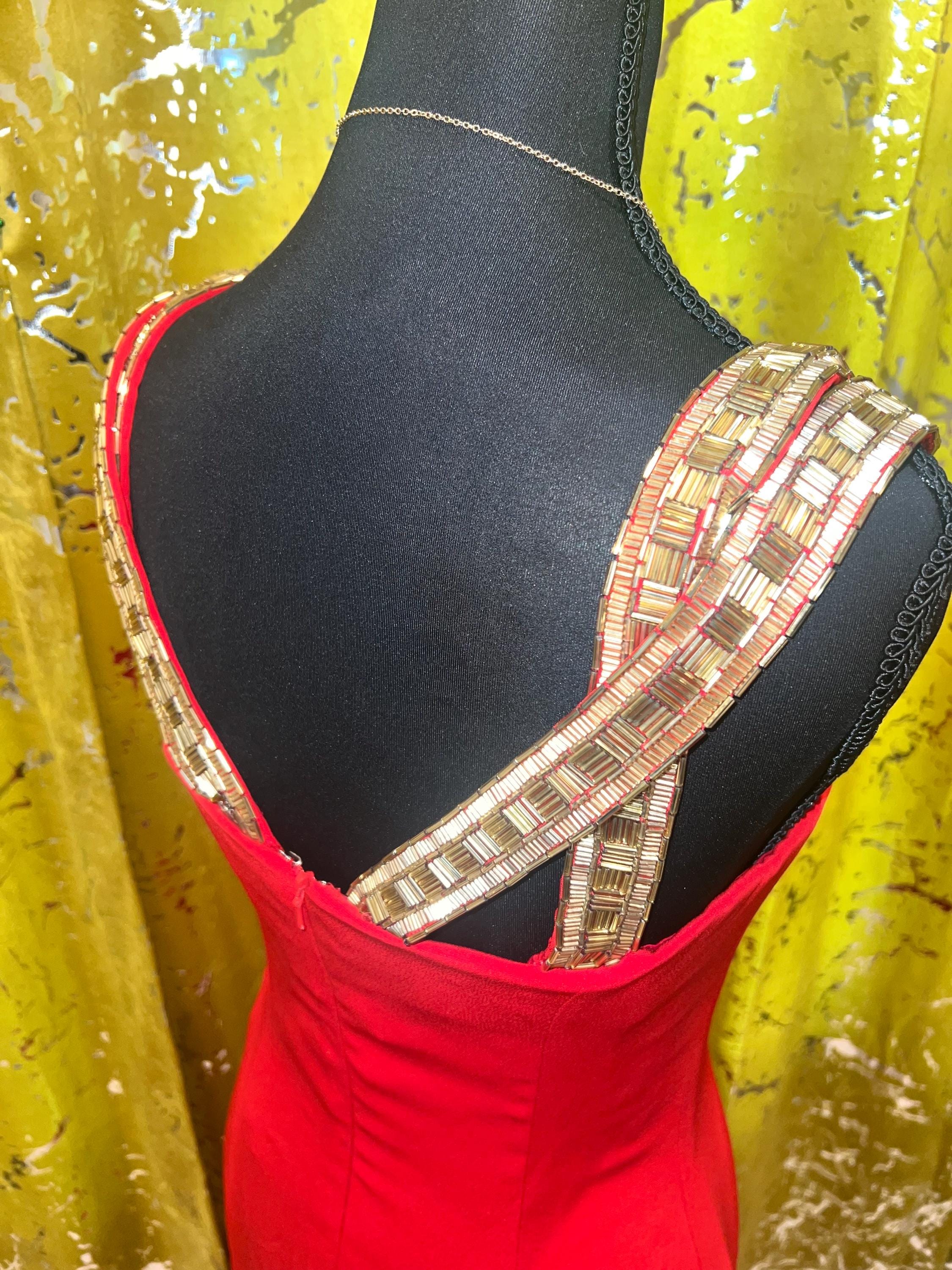 open lace back dress 1990s Vintage Red Asymmetrical One Shoulder Cocktail Dress by Oleg Cas   Leslie Courreges