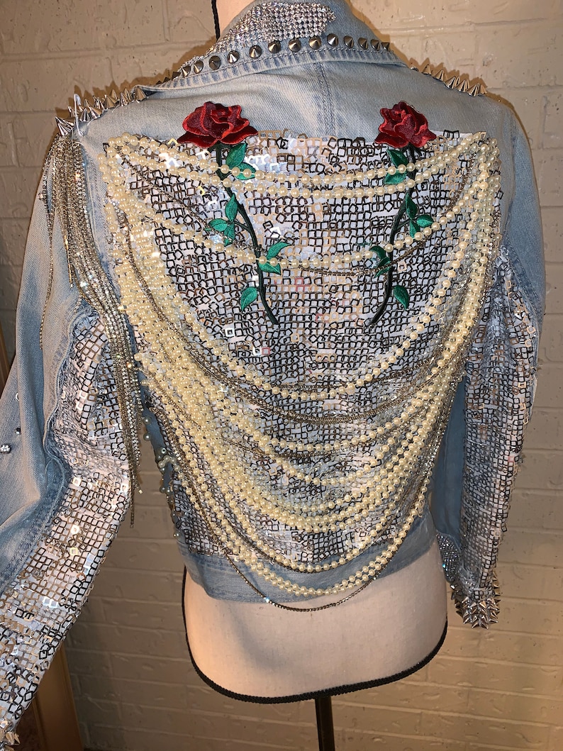 Silver Rhinestone Jacket Bedazzled Bling Rhinestone Sequins Pearl Roses Denim Jacket - Etsy