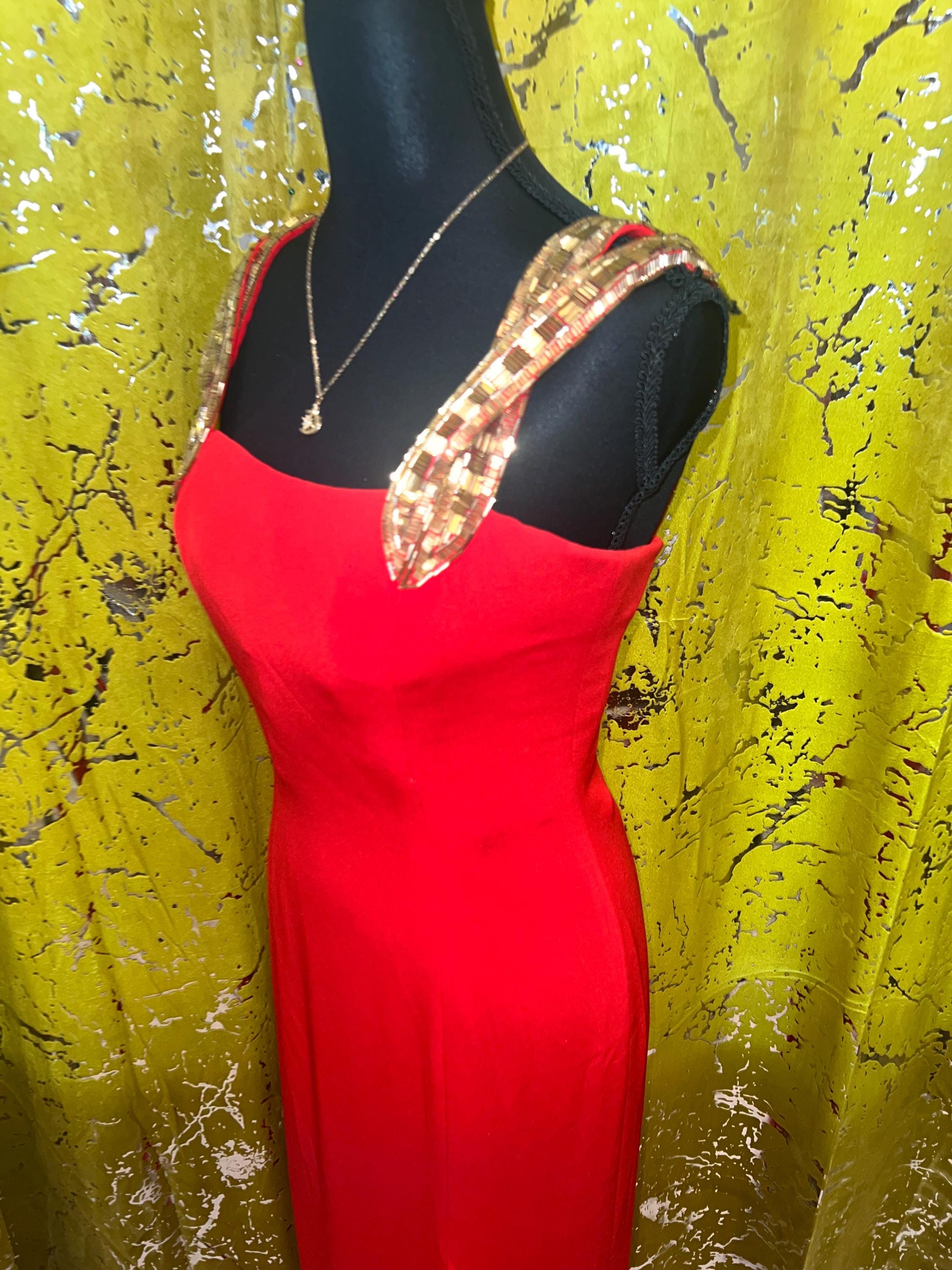 open lace back dress 1990s Vintage Red Asymmetrical One Shoulder Cocktail Dress by Oleg Cas   Leslie Courreges