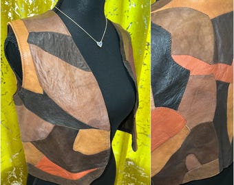 Brown Patchwork Real Vintage Leather Vest Small