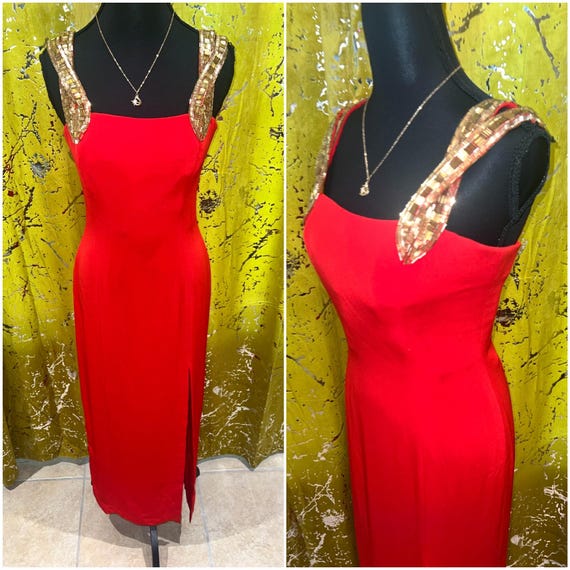 open lace back dress Silk Oleg Cassini Vintage Dress With Colorful Sequins & Beaded 4/6