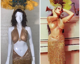 Amazing Golden Goddess Two Piece Fringe Tassel Outfit w Matching Peacock Headpiece SALE