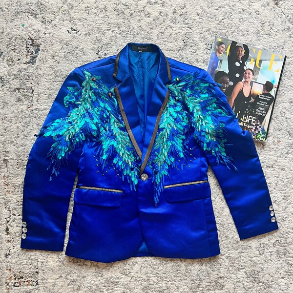 Royal Blue Satin Sequins Peacock Style Blazer