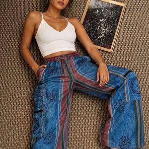 Vintage Celestial Moon Blue Striped Cargo Pants