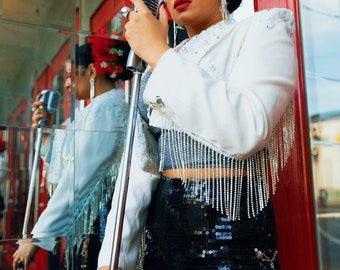 Beautiful White Pearl Fringe Rhinestone Mariachi Inspired Jacket