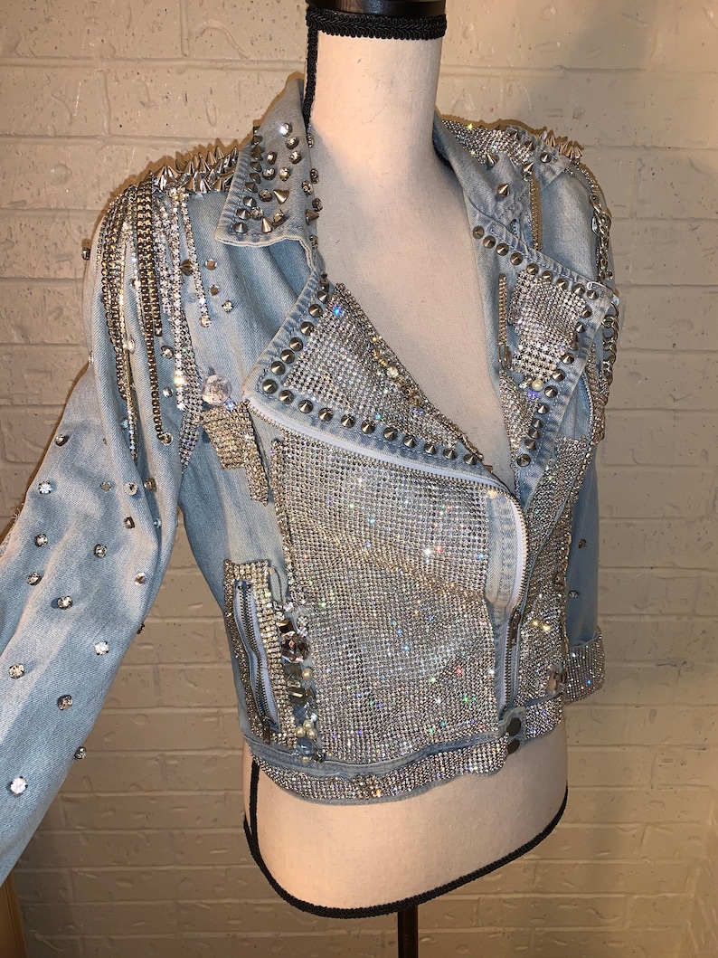 Bedazzled Bling Rhinestone Sequins Pearl Roses Denim Jacket Etsy