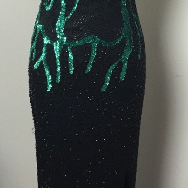 Amazing Black and Green Sequins beaded 80's Gown Spring Sale