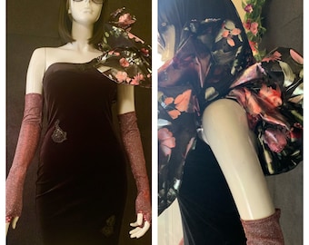 Beautiful Black Velvet Couture Dress & Glitter Gloves