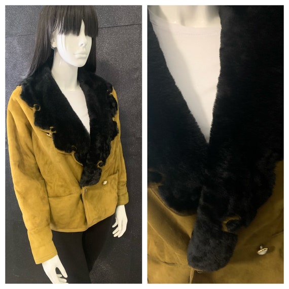 Amazing Vintage Suede Faux Black Fur Jacket Sale - image 1