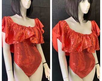 Coral Sequins Ruffled Bodysuit