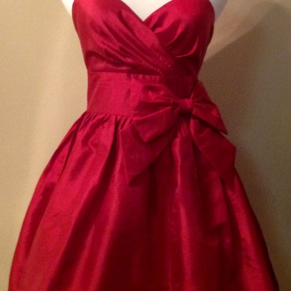 Sale BEAUTIFUL SCARLET RED Silk Taffeta Pleated Party Dress w Princess Bow