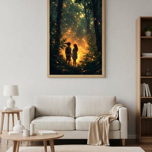 May include: A framed art print depicting a couple standing in a glowing forest. The artwork features a warm color palette with golden light illuminating the trees and figures. The print is displayed above a beige sofa in a living room setting.