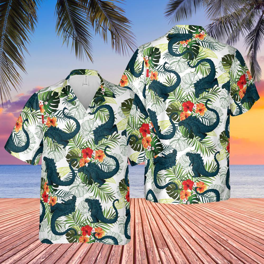 Godzilla Hawaiian Shirt: Tropical Hibiscus Kaiju Aloha Shirt - Etsy