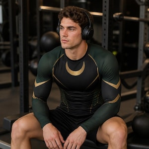 Peut inclure: Un haut de compression à manches longues noir et vert foncé avec des motifs dorés en forme de croissant de lune et de chevrons sur la poitrine et les manches, associé à un short de sport noir. Le haut présente un col rond et une coupe ajustée.