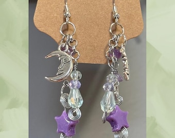 Witchy Amethyst Dangle Earrings with Moon & Stars