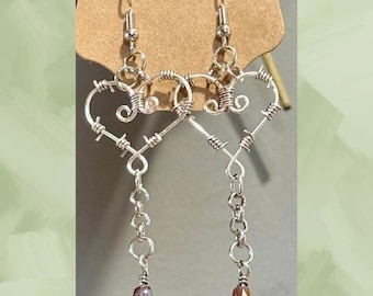Handmade Wire Wrapped Barbed Wire Heart Earrings with Dangly Chain & Glass Teardrop Bead