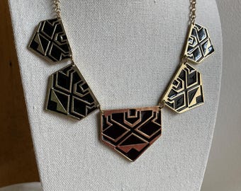Vintage Art Deco Revival Geometric Bib Necklace | Black Enamel Brass Shield Collar