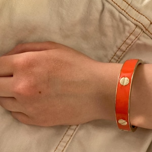Orange Enamel Bangle – Gold Hinged Cuff, Industrial Mystic Jewelry 7.25″