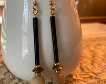 Authentic Spiritual Moody Long Czech Glass & Feldspar Earrings, Minimalist Geometric Art Deco Vibe, Artisan Made Jewelry, One of a Kind