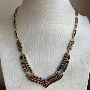 Vintage 80s Art Deco Bib Necklace - 35g Heavy Geometric Mosaic - Moody Crimson & Gold Inlay - Authentic Spiritual Moody Indie Statement