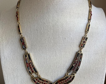 Vintage 80s Art Deco Bib Necklace - 35g Heavy Geometric Mosaic - Moody Crimson & Gold Inlay - Authentic Spiritual Moody Indie Statement