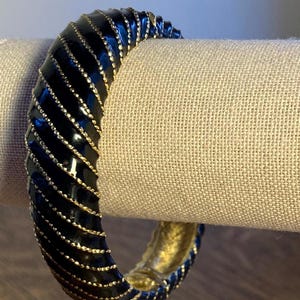 Vintage Black Enamel Bangle – Gold Spiral Statement Cuff Bracelet