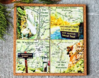 Coasters, Map Coaster Set, New Hampshire White Mountains, Mt. Washington, Flume Gorge, Kancamagus, Old Man of the Mountain, Ski House Decor