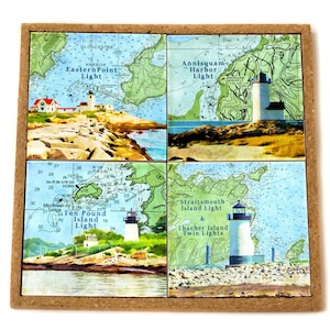 May include: A set of four square coasters featuring nautical maps with lighthouses. The coasters are made of cork and have a brown border. The maps show the locations of Eastern Point Light, Annisquam Harbor Light, Ten Pound Island Light, and Straitsmouth Island Light.