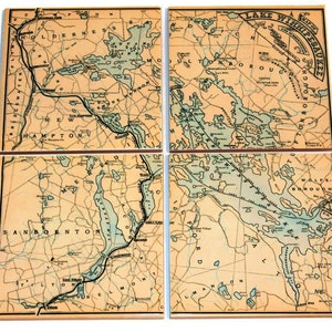 May include: A vintage map of Lake Winnipesaukee, New Hampshire, divided into four sections. The map is printed on a cream-colored background with blue and green accents. The map shows the lake and surrounding towns, including Wolfeborough, Alton, and Sanbornton.
