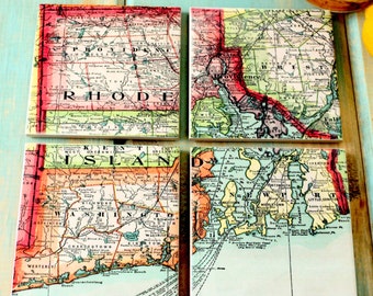 Rhode Island Map Coasters.Colorful Map.Custom Hostess Gift.Personalized Map.Tile Coaster Set.Wedding present.Coworker gift.Unique Gift