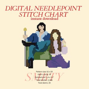 Peut inclure: Diagramme de point de croix numérique avec des personnages pixélisés d'un homme et d'une femme. L'homme est assis, tenant un bâton, et la femme est à genoux. Le texte "DIGITAL NEEDLEPOINT STITCH CHART instant download" est en haut.