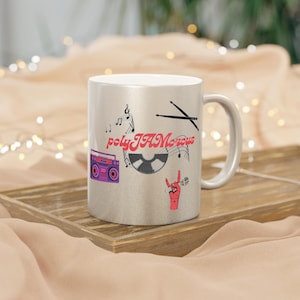 Metallic Mug, polyJAMorous Coffee Cup, Music Lover Gift, Retro Home Decor, Creativity Celebration, Silver Gold
