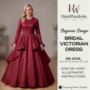 Victorian Wedding Dress Sewing Pattern PDF, Modest Long Sleeve Bridal Gown, Tiered Skirt Evening Ball Gown Pattern, XS-XXXL