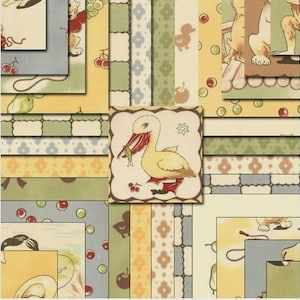 May include: A collection of patterned fabric swatches in various designs and colors. The central swatch features a yellow pelican with a fish in its beak. Other patterns include cherries, ducks, and floral motifs in shades of green, yellow, and blue.