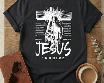 Jesús perdona - restaura la relación (camiseta), diseños basados en la fe, Jesús me salvó, versículo bíblico de Cristo Redentor: Dios amó tanto al mundo.