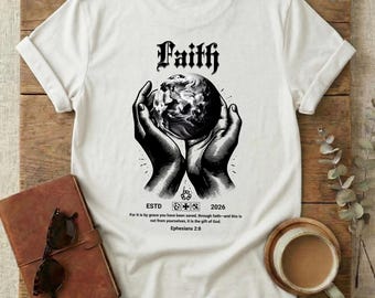 Ropa de talla grande basada en la fe, camiseta con la declaración de su gracia, arte bíblico con versículos de Efesios, la obra maestra de Dios creada con un propósito.