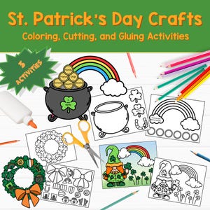 Könnte beinhalten: Bastelset zum St. Patrick's Day mit Mal-, Schneide- und Klebeaktivitäten. Enthält Designs mit Goldtopf, Regenbogen, Kobold und Kleeblatt. Das Bild zeigt auch eine Klebstoffflasche, eine Schere und Buntstifte.