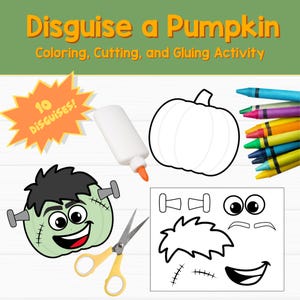 May include: A craft activity set with the text "Disguise a Pumpkin". Includes a blank pumpkin outline, Frankenstein pumpkin, glue, scissors, crayons, and disguise cutouts. The set is designed for colouring, cutting, and gluing.